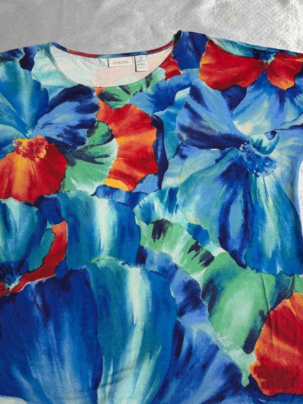 Chico's Vibrant Floral Short Sleeve Tee in Blue, Red, Green
